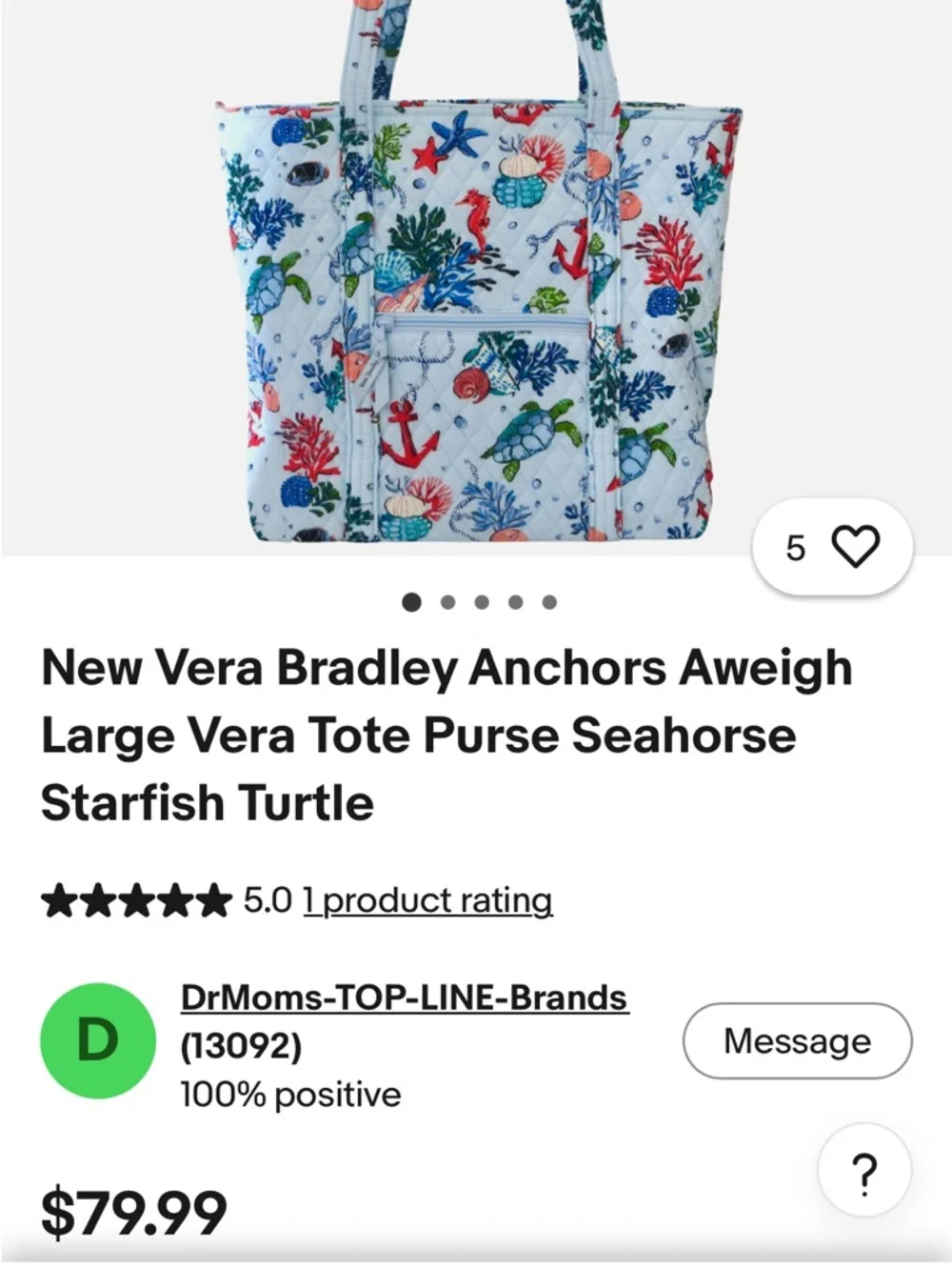 Vera Bradley “anchors away” White Quilted Tote with Nautical Sea Life Print - Picture 9 of 9